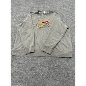 Basic Editions Sweatshirt Womens 2X Gray Embroidered Bird Floral Crew Neck